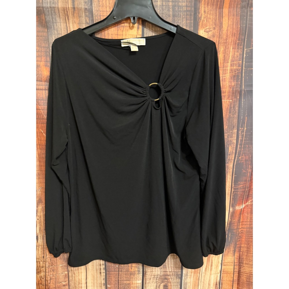 Michael Kors Black Long Sleeve Blouse Gold Ring Hardware Draped Top 1X